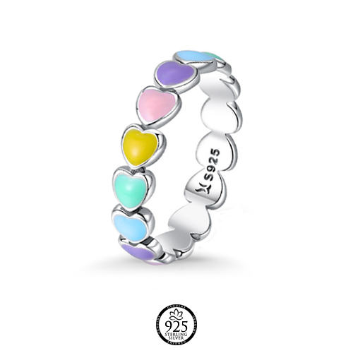 Sterling Silver Candy Rainbow Hearts Ring