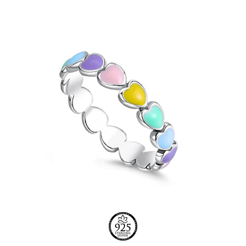 Sterling Silver Candy Rainbow Hearts Ring