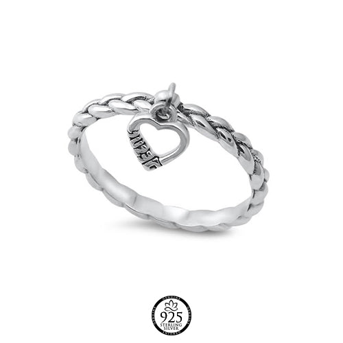 Sterling Silver Dangling Jesus Heart Rope Band Ring