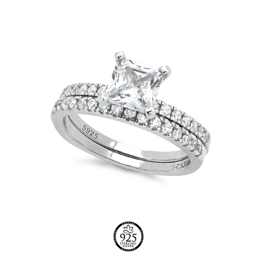 Sterling Silver Square Cut Crystal Engagement Ring Set