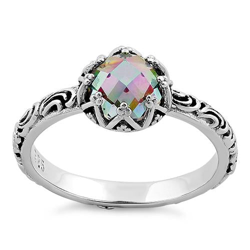 Sterling Silver Antique Floral Rainbow Crystal Ring