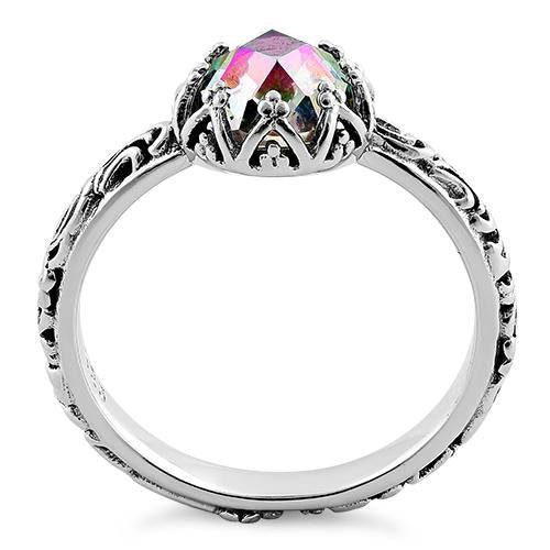 Sterling Silver Antique Floral Rainbow Crystal Ring