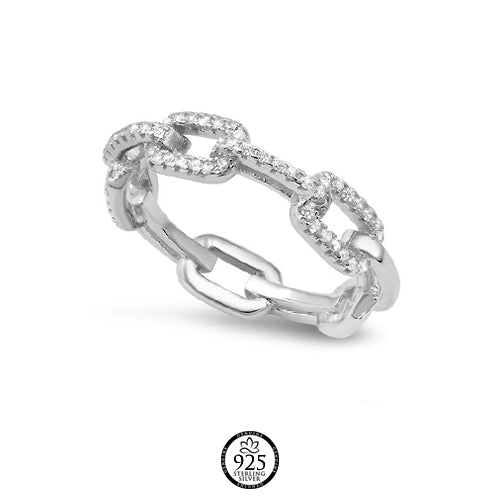 Sterling Silver Linked Chain with Crystals Ring