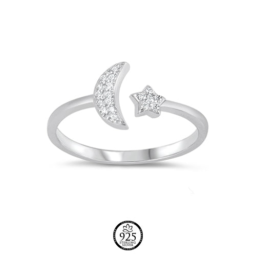 Sterling Silver Crescent Moon and Star Ring