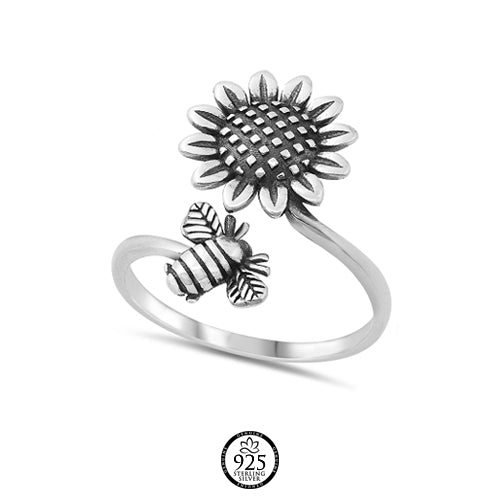 Sterling Silver Sunflower with Bumble Bee Ring