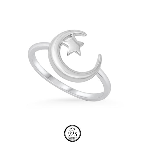Sterling Silver Crescent Moon and Prosperity Star Ring