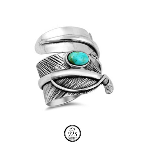 Sterling Silver Feather Boho Ring with Turquoise