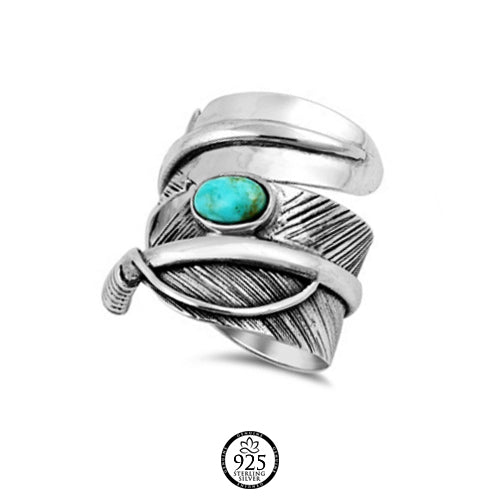 Sterling Silver Feather Boho Ring with Turquoise