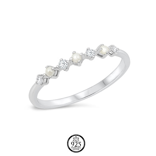 Sterling Silver Delicate Pearl and Crystal Stack Ring