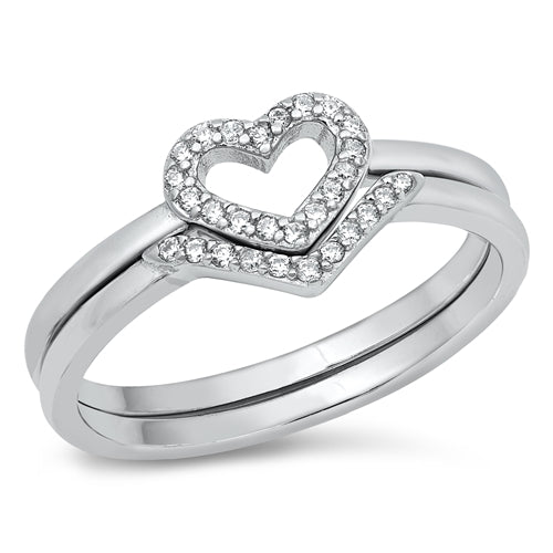 Sterling Silver Heart and V Rings Set in White Crystals