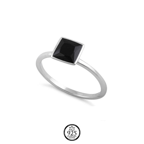 Sterling Silver Solitaire Black Stone Square Ring