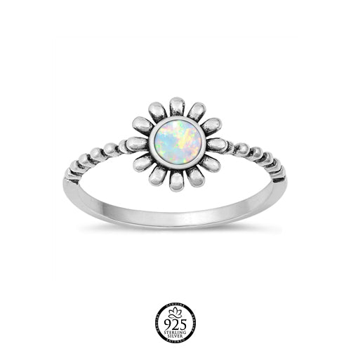 Sterling Silver White Opal Beaded Flower Ring