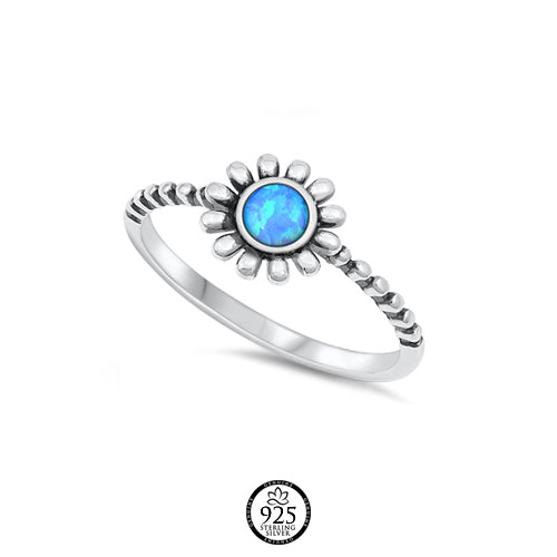 Sterling Silver Blue Opal Beaded Flower Ring