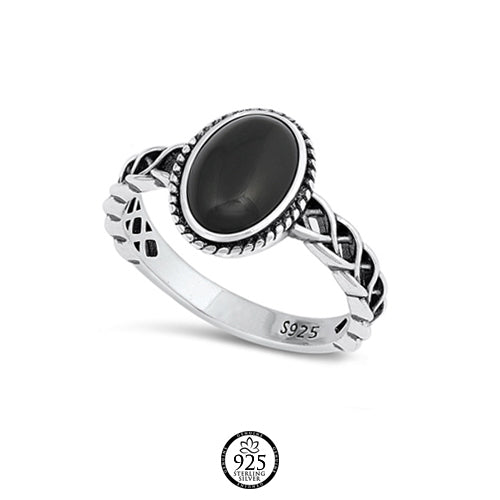 Sterling Silver Oval Black Stone Ring