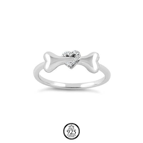 Sterling Silver Dog Bone & Heart Round Cut Crystal Ring