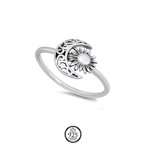 Sterling Silver Crescent Moon & Sun Ring