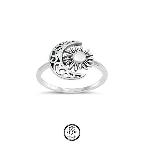Sterling Silver Crescent Moon & Sun Ring