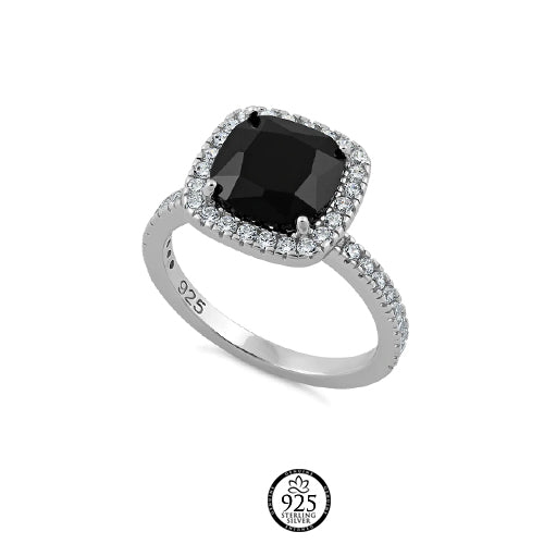 Sterling Silver Black Stone & Crystals Ring
