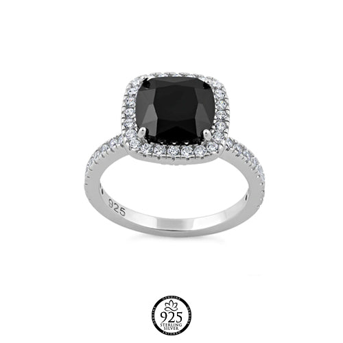 Sterling Silver Black Stone & Crystals Ring