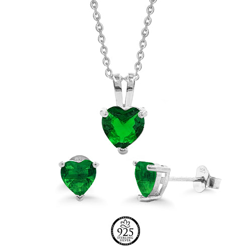 Sterling Silver Green Emerald Heart Crystal Set