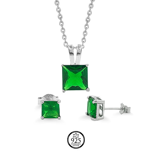 Sterling Silver Square Green Emerald Crystal Set
