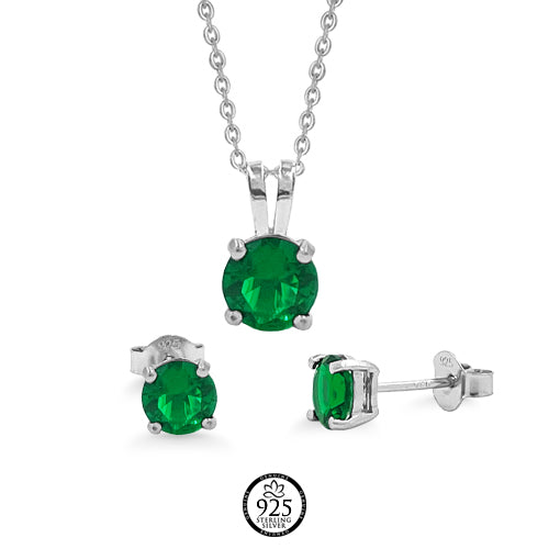 Sterling Silver Round Green Emerald Crystal Set