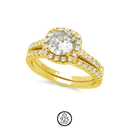 Sterling Sliver 18K Gold Electroplating Square Brilliant Cut Engagement Ring Set