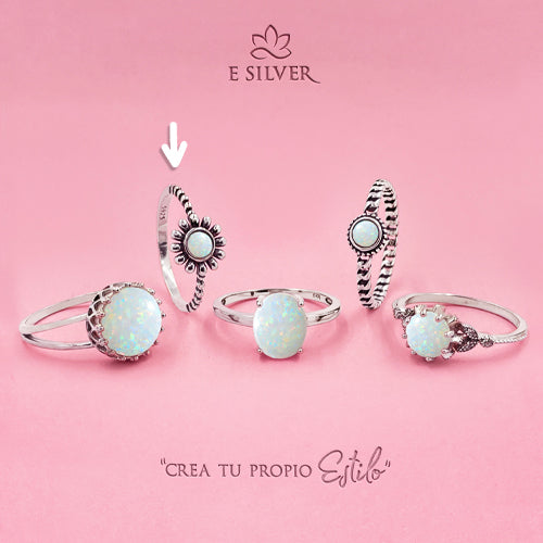 Sterling Silver White Opal Beaded Flower Ring