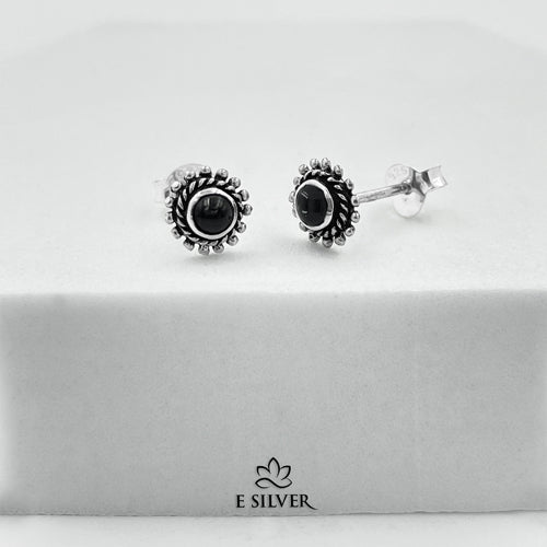 Sterling Silver Indian Bali Black Stone Earrings