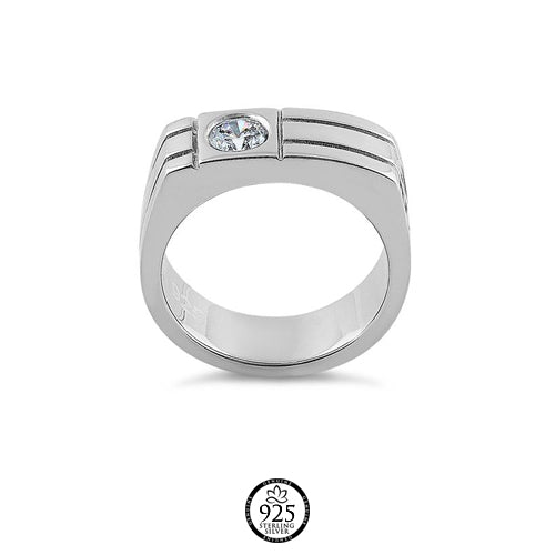 Sterling Silver Men's Round Cut Clear Crystal Ring