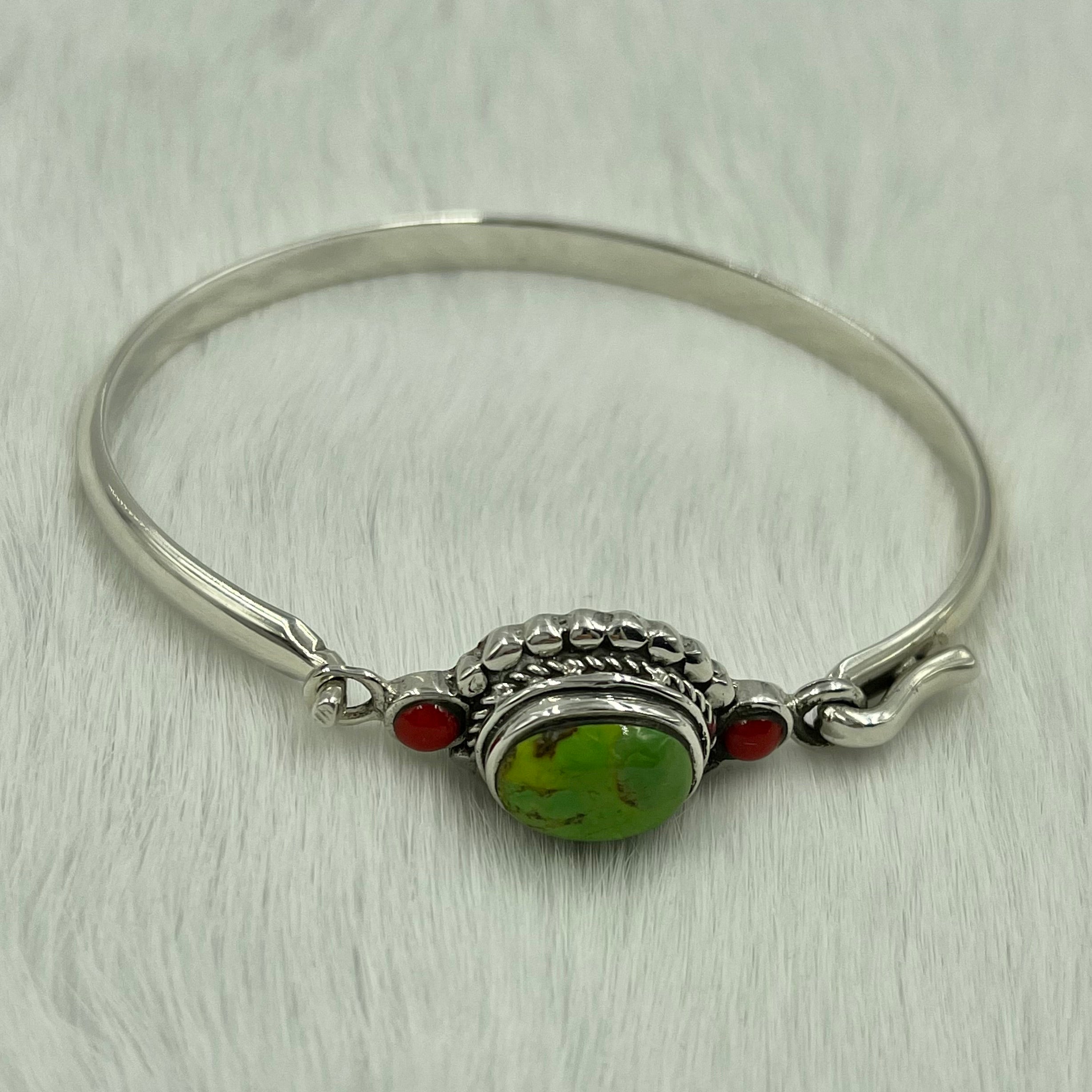 Sterling Silver Moroccan Red and Green Turquoise Stone Bangle
