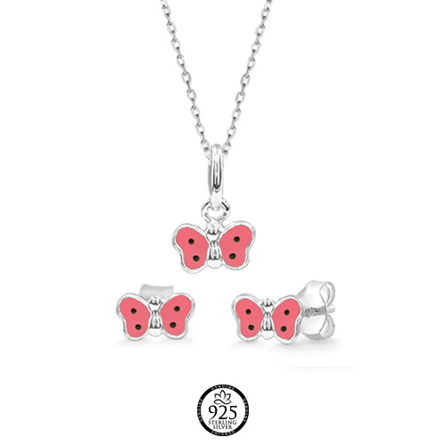 Sterling Silver Adorable Pink Butterfly Set