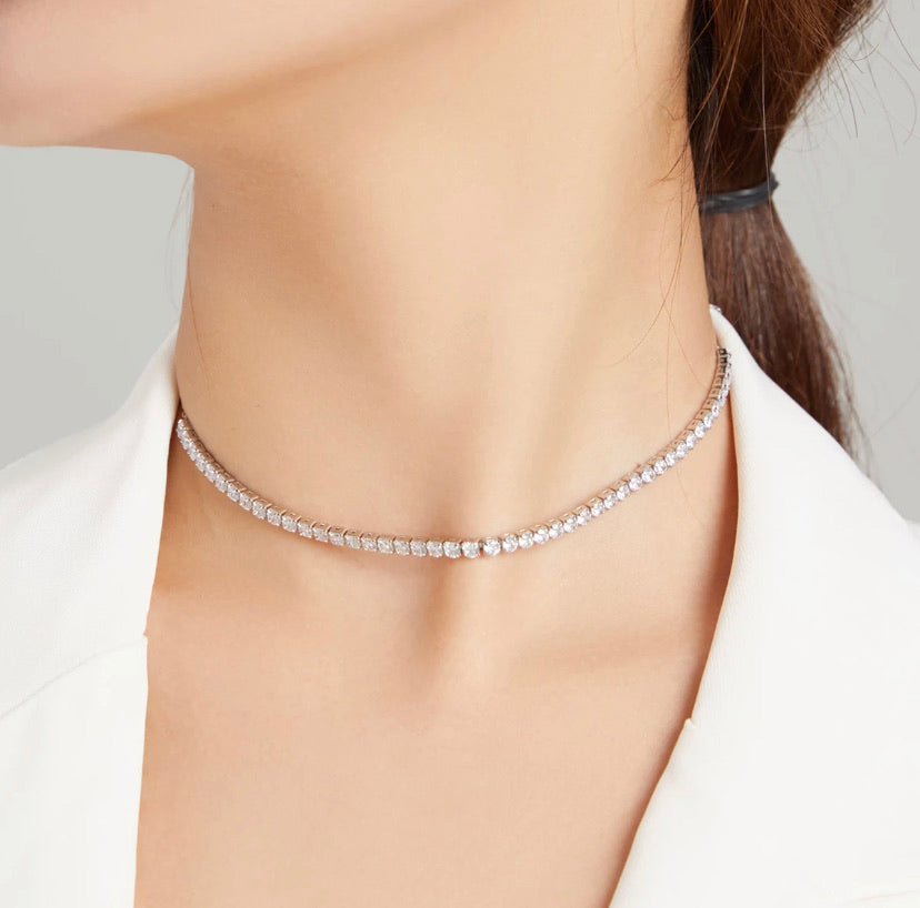 Sterling Silver Clear Crystal Choker Necklace