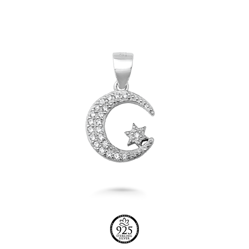 Sterling Silver Brilliant Moon and Star Necklace