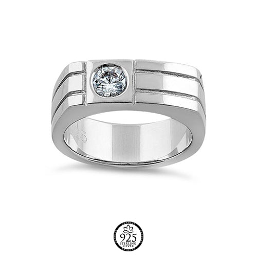 Sterling Silver Men's Round Cut Clear Crystal Ring
