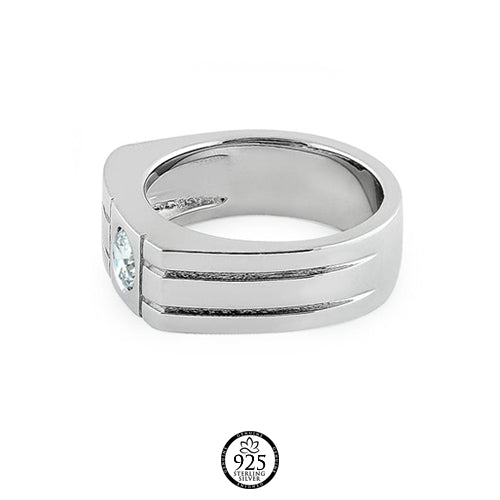Sterling Silver Men's Round Cut Clear Crystal Ring